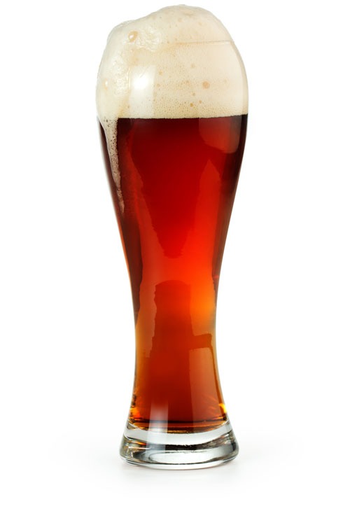 an amber or red beer with a tall rocky head in more of a hefeweizen-like glassware