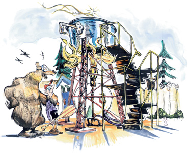 Illustrated man and bear making beer in the backyard.