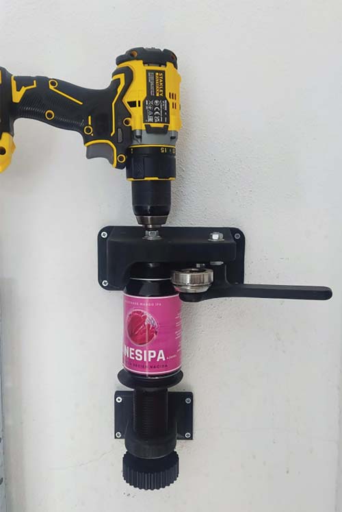 home built 3-D printed can seamer in action with a drill