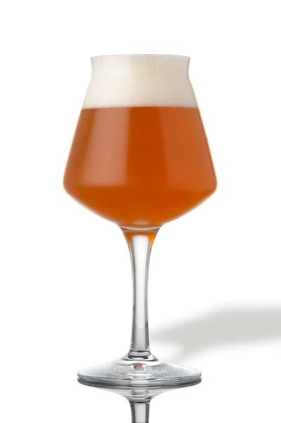 copper colored hazy grape ale in teku glassware