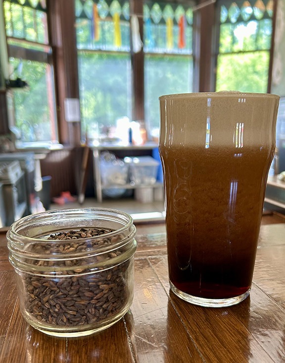 Pint of dark beer next to a glass of dark malts.