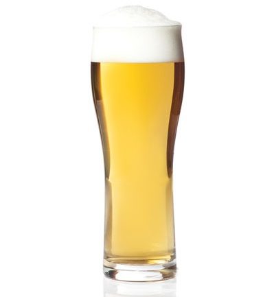 pilsner-lager glass, with no stem, a pale straw-colored beer with rocky head