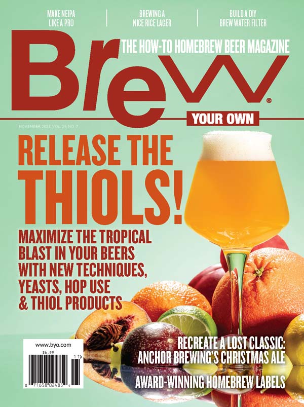 cover image for the November 2023 issue of Brew Your Own magazine with cover story on Thiols