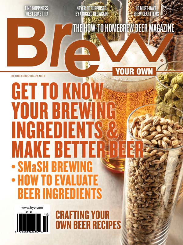 Cover image for the October 2023 issue of Brew Your Own magazine with ingredients and beer in pint glasses