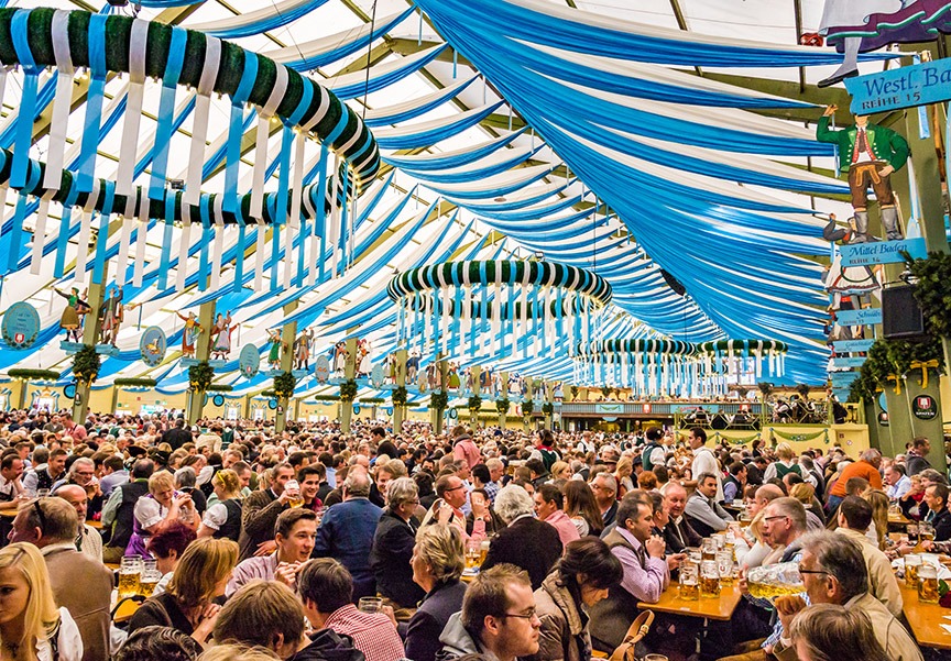 Interiors of Ochsenbraterei tent at the Oktoberfest in Munich, Germany on October 2, 2013. Oktoberfest is the world's largest beer festival.