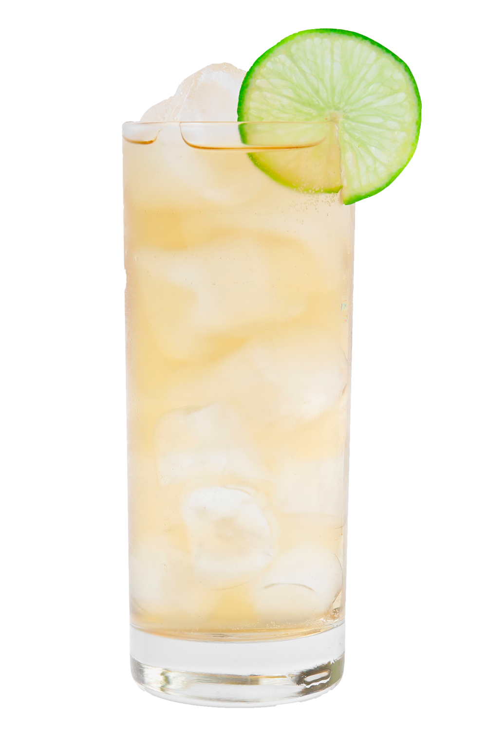 Cocktail with ice and a lime garnish.