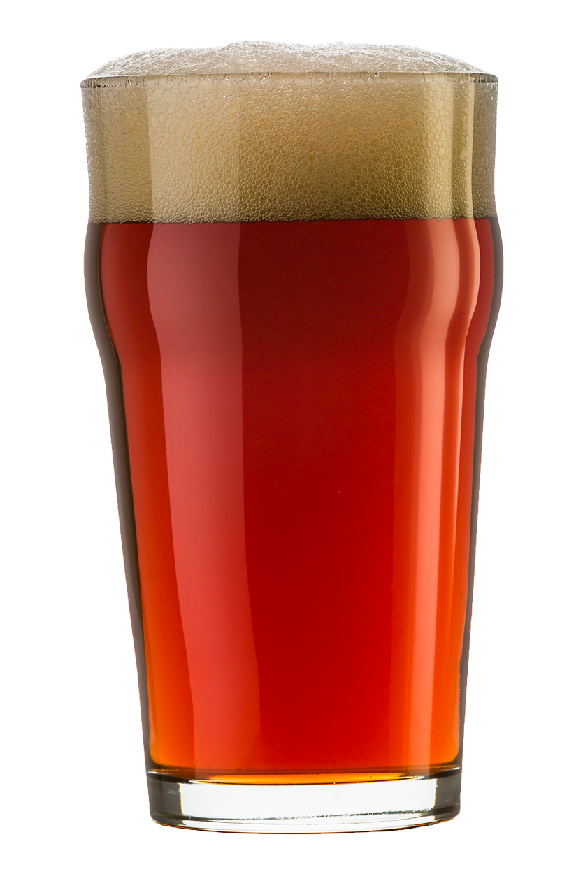 Pint glass of amber ale.