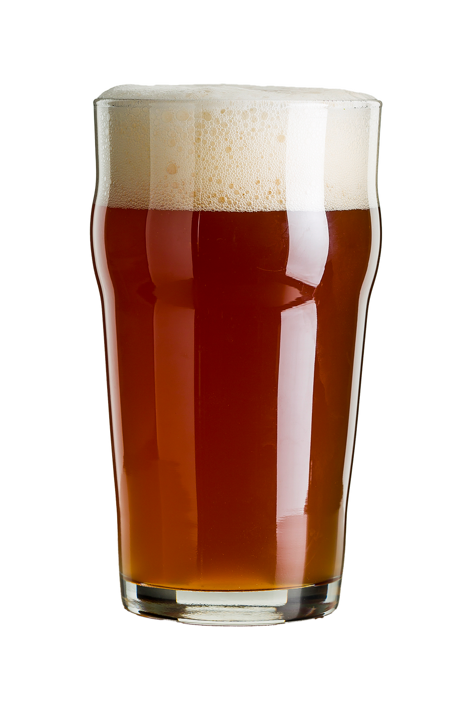 Pint glass of brown ale.