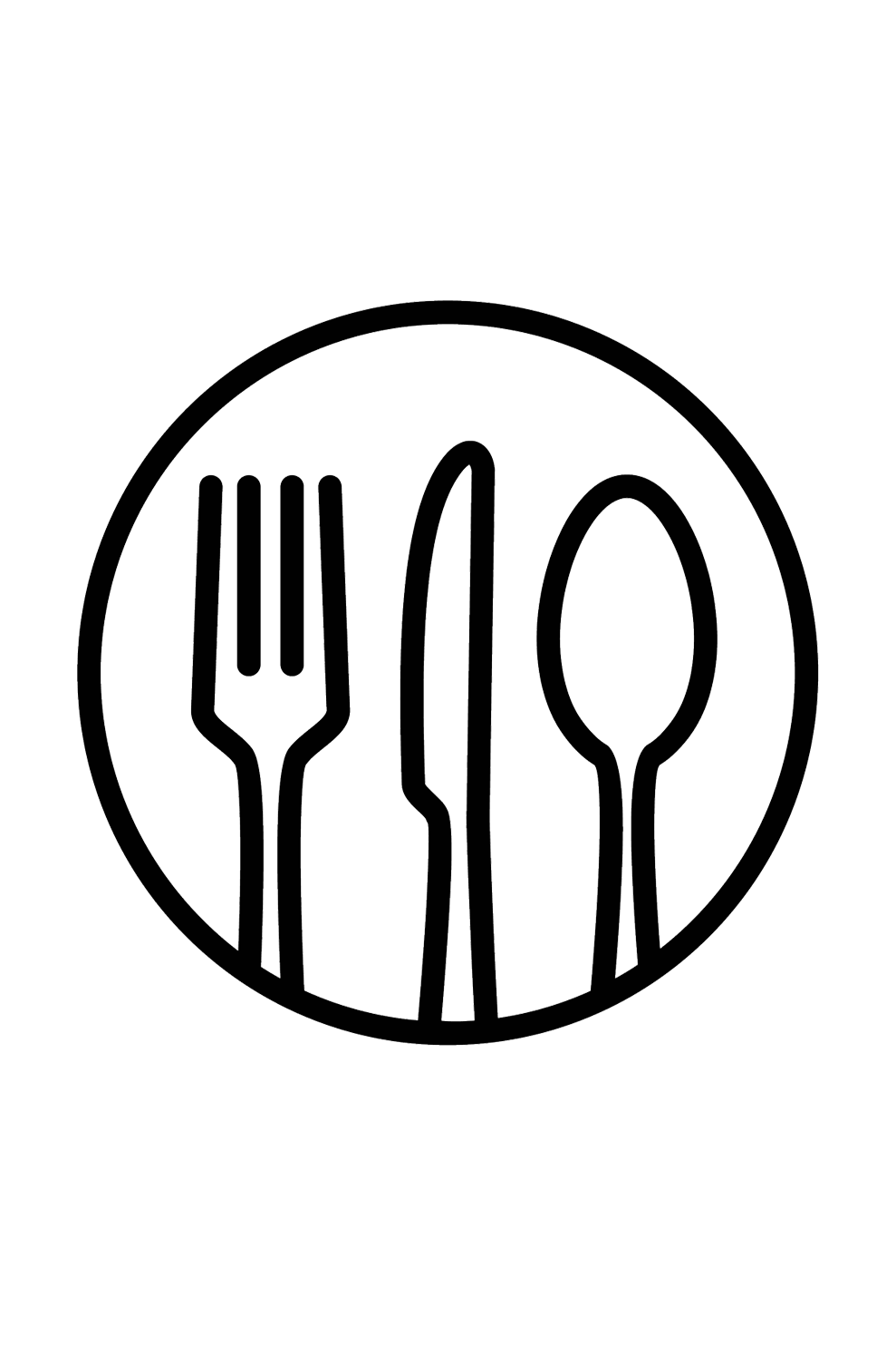 Illustration of a fork, knife, and spoon in a white circle.