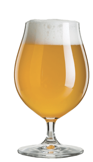 slightly hazy pale beer in a stemmed tulip shaped glassware