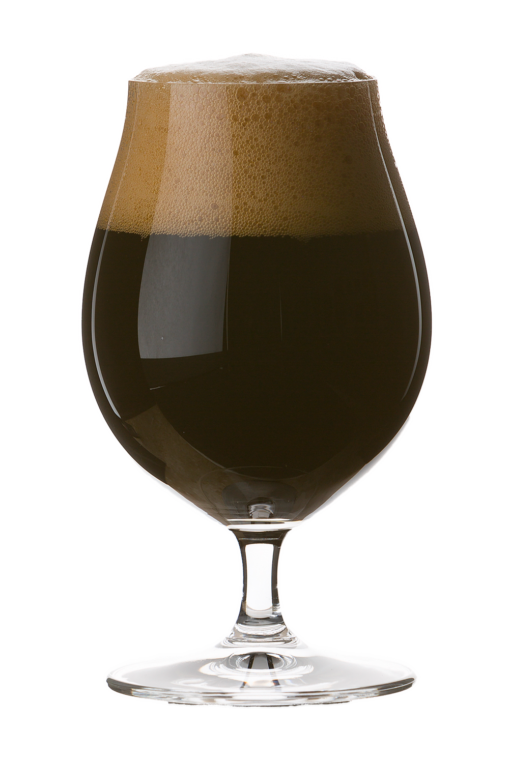 Tulip glass of stout with dark head.